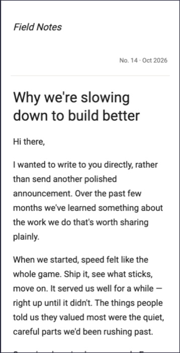 The same newsletter reflowed to a phone width